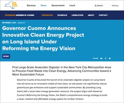Screenshot of NYS website with headline "Governor Cuomo Announces Innovative Clean Energy Project on Long Island Under Reforming the Energy Vision"