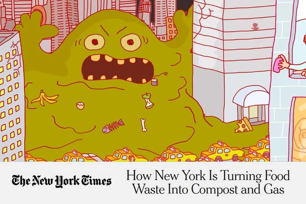 NY Times Graphic - Garbage Blob in the City with text - How NY is turning food waste into compost and gas