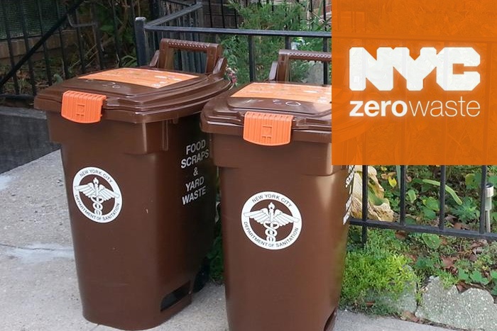 NYC Zero Waste Logo on top of image of garbage cans