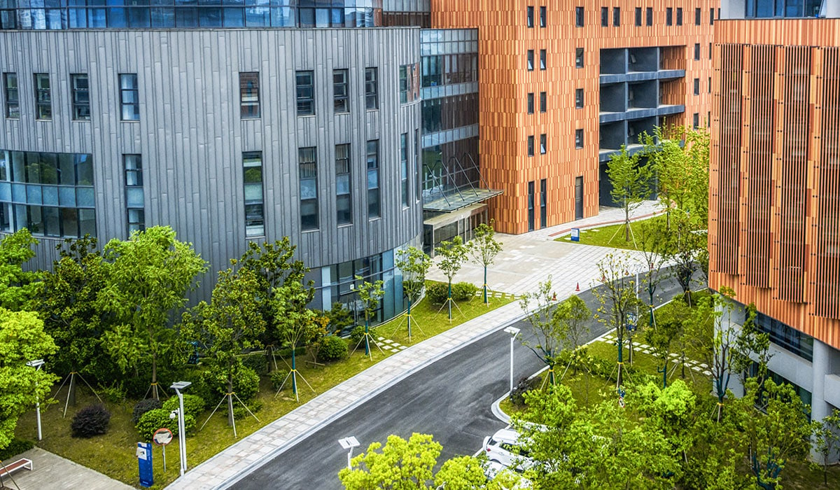 exterior of school building with greenery surrounding it