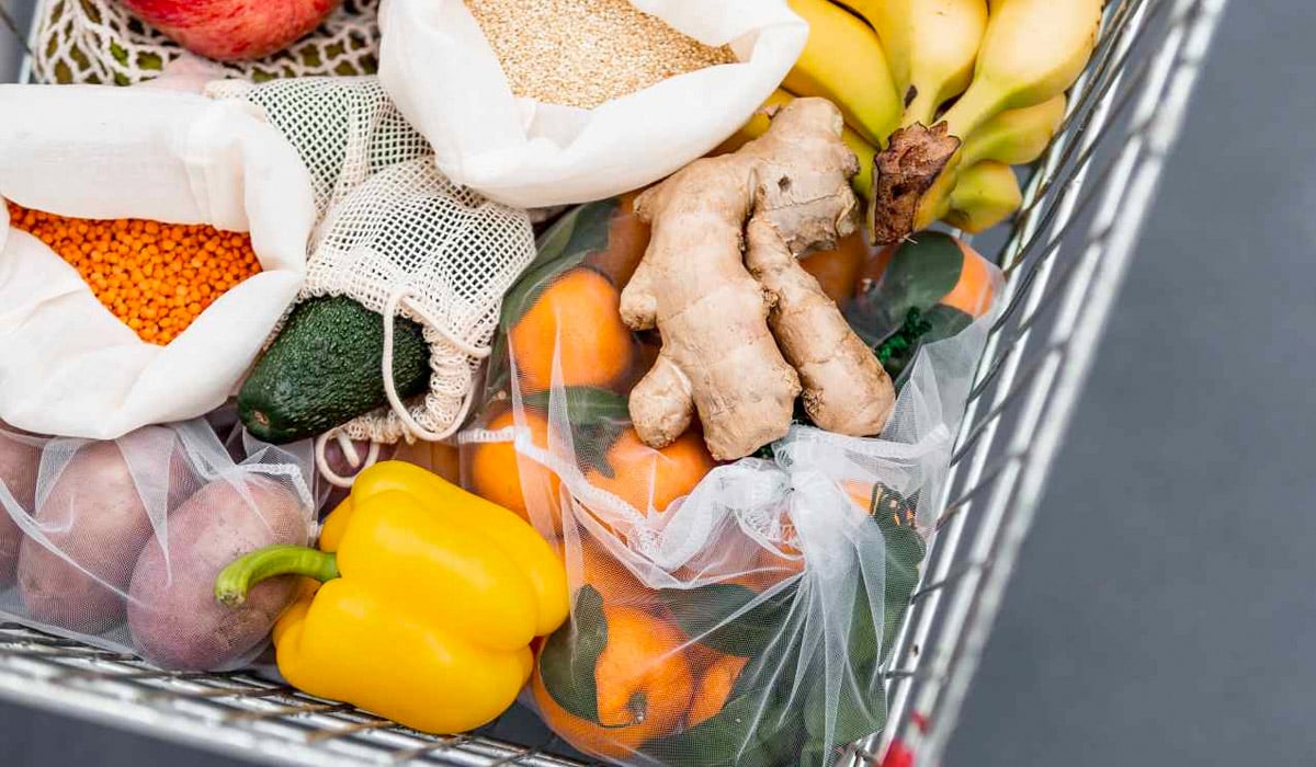 various fruit and vegetables in a shopping cart